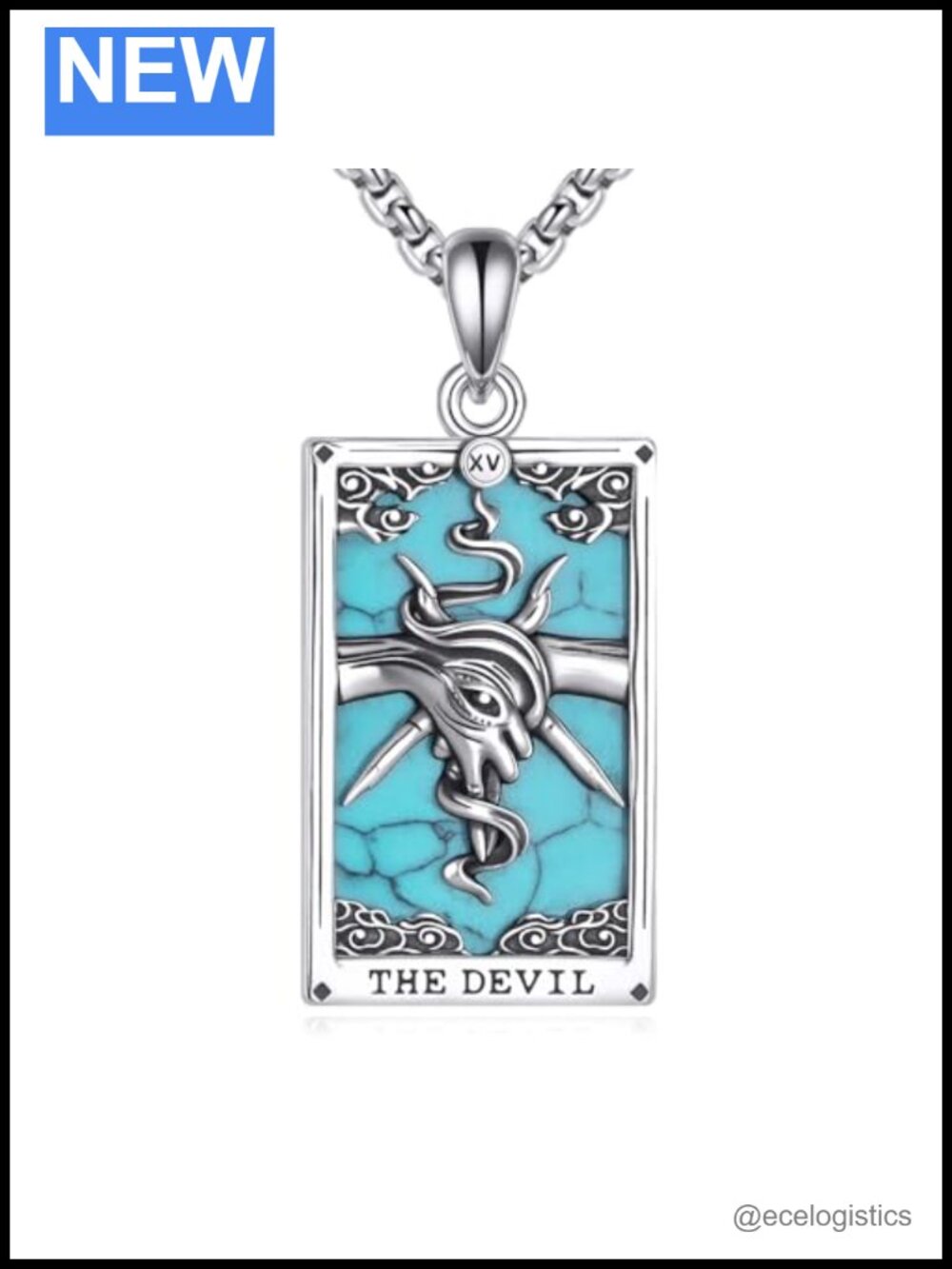 Tarot Card Necklace 925 Sterling Silver Devil Pendant Turquoise Jewelry